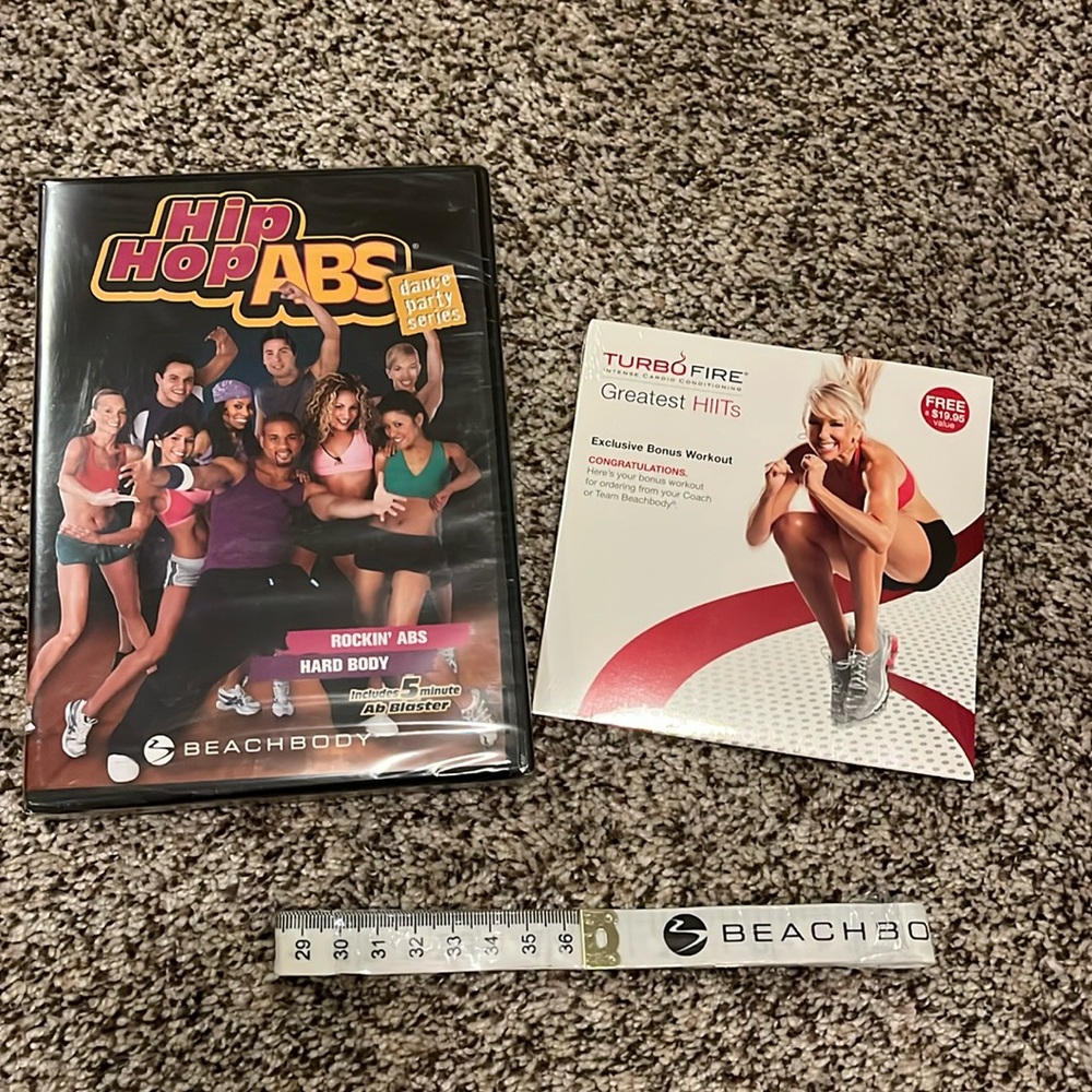 Beachbody Hip Hop Abs Dance Party and Turbofire Greatest Hiits. Measuring tape.